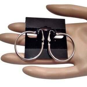 1 1/4" Polished Plain Hoops Clip On Earrings Silver Plated 2mm Tube 32mm Round